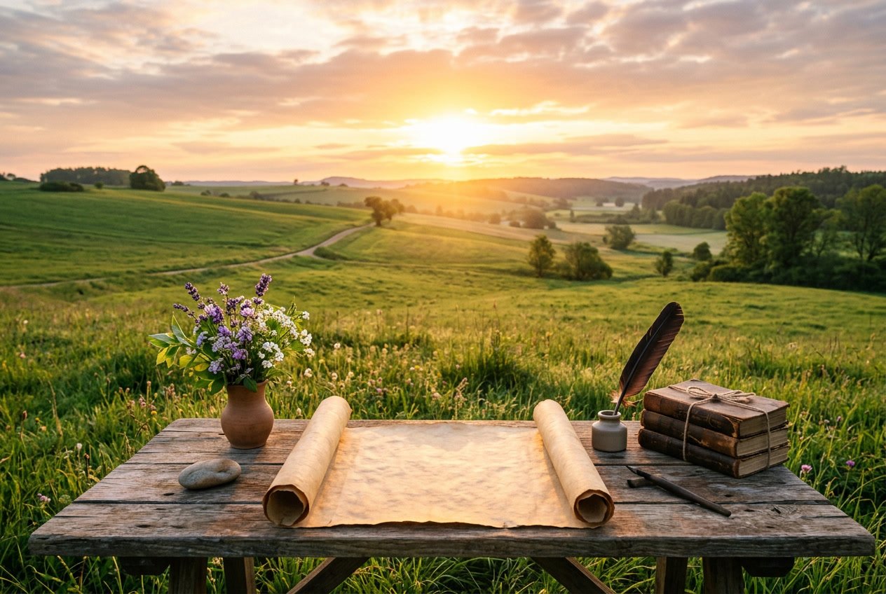 A sunrise over a green field with an open ancient scroll on a wooden table surrounded by books and flowers.