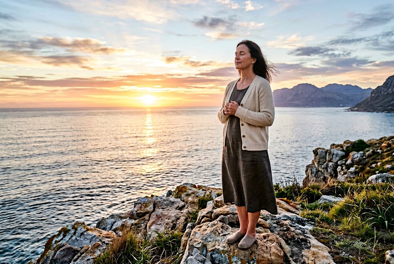 A person standing calmly on a rocky cliff overlooking a calm ocean at sunrise, appearing peaceful and confident.