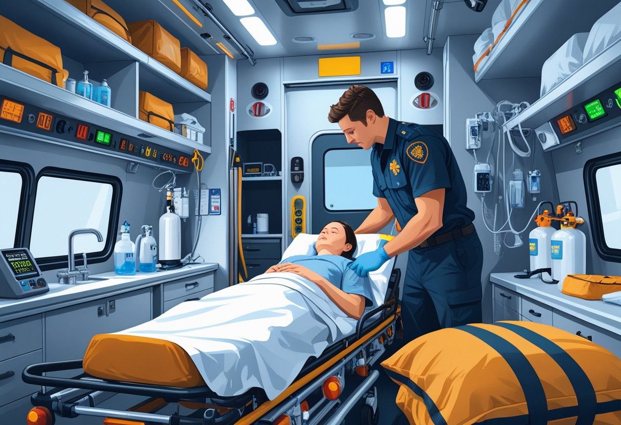 Paciente deitado em uma maca dentro de uma ambulância, sendo atendido por um paramédico com equipamentos médicos ao redor.