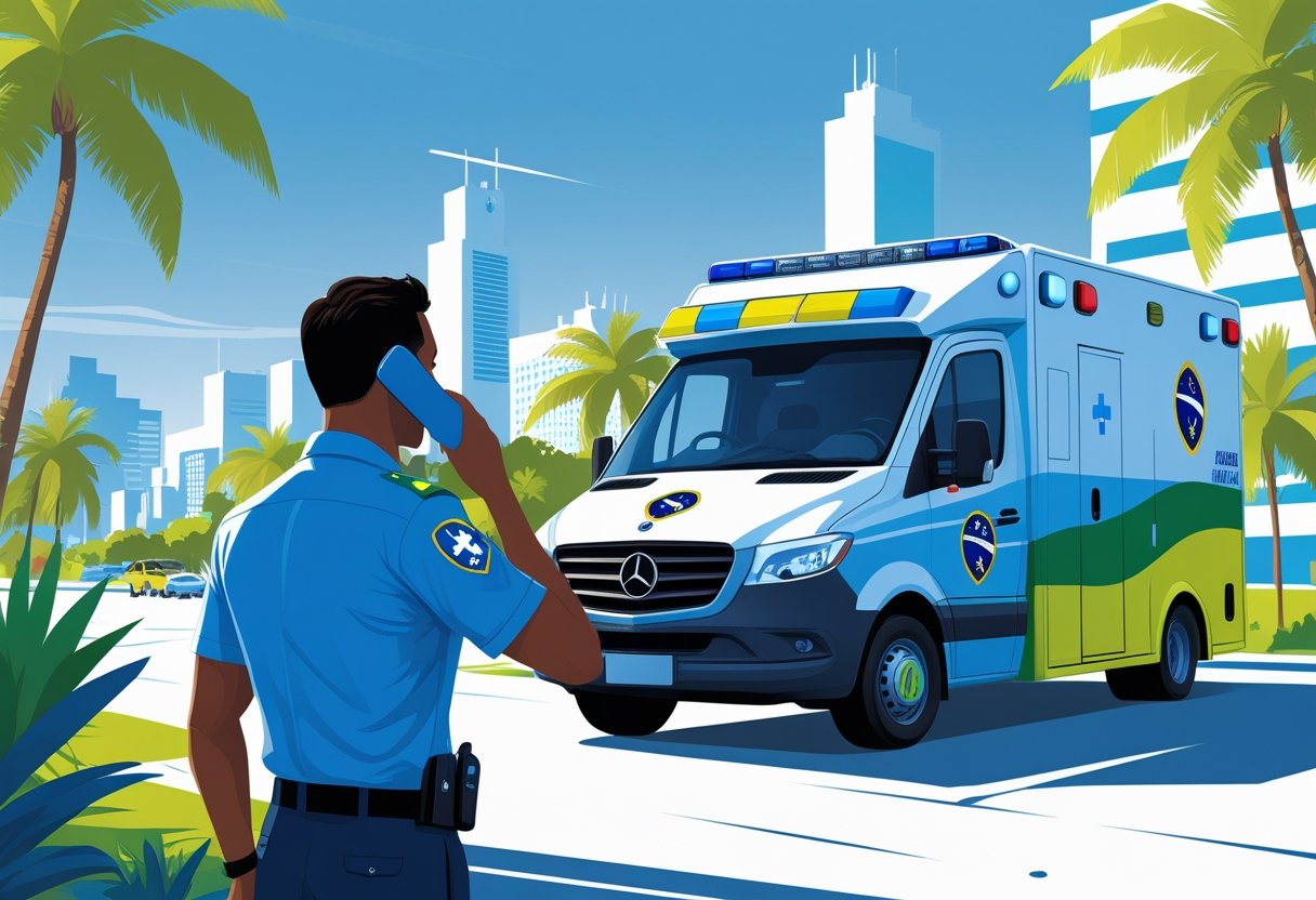 Número para Ligar para Ambulância: Serviços de Emergência Médica no Brasil Paramédico atendendo uma ligação ao lado de uma ambulância com elementos que remetem ao Brasil, em uma cena urbana.