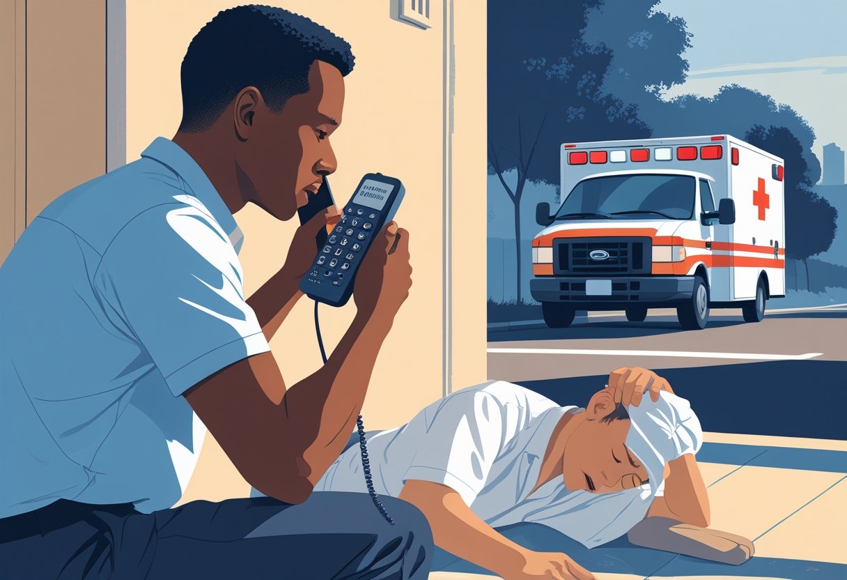 Número para Ligar para Ambulância: Serviços de Emergência Médica no Brasil Pessoa preocupada ligando para ambulância enquanto outra pessoa está caída no chão, com uma ambulância se aproximando ao fundo.