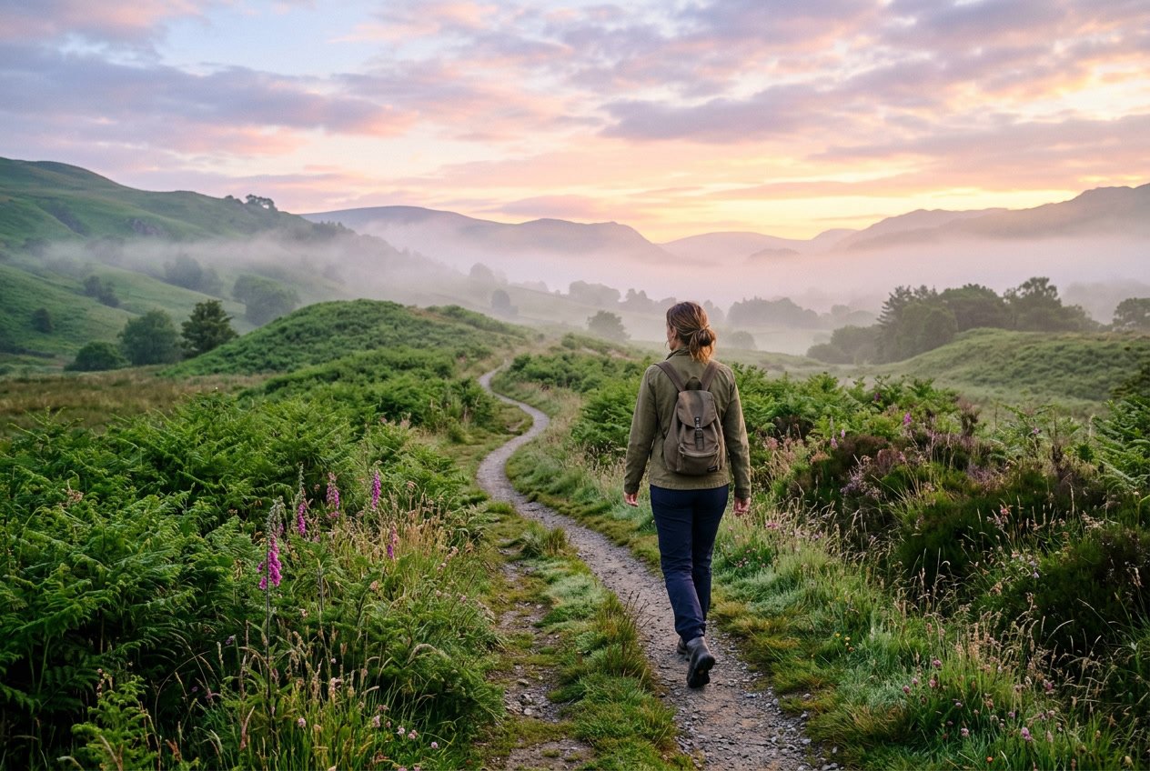 A person walking alone on a misty path through green hills at sunrise.