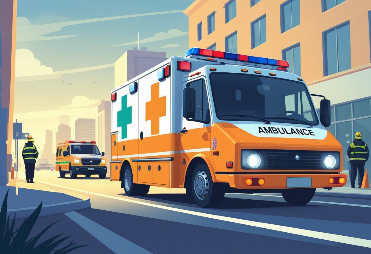 Uma ambulância moderna com um número grande e visível em seu lado, em uma cena urbana com socorristas próximos.