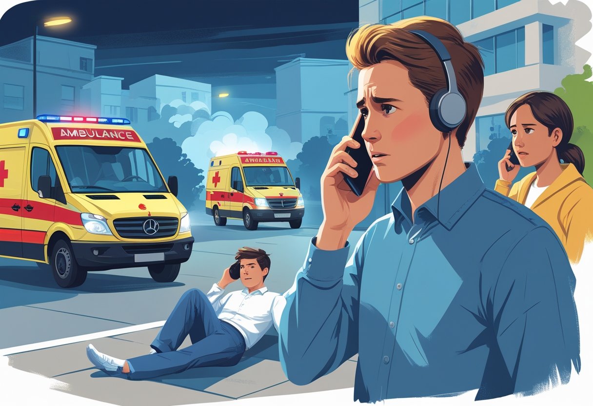 Pessoa preocupada fazendo uma ligação para a ambulância enquanto uma emergência médica acontece ao fundo.