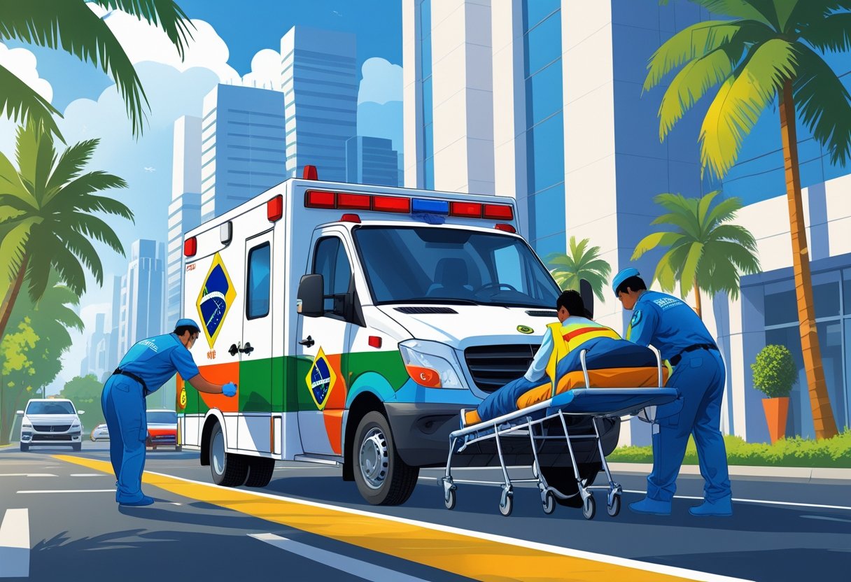 Número de Telefone Ambulância: Guia Completo dos Contatos de Emergência no Brasil Uma ambulância com as cores do Brasil estacionada em uma rua da cidade enquanto paramédicos atendem um paciente em uma maca.