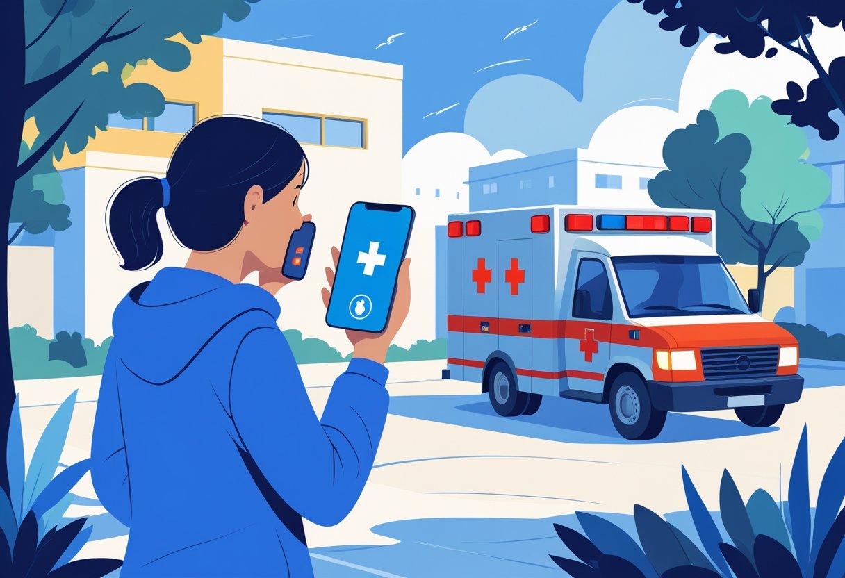 Número de Telefone Ambulância: Guia Completo dos Contatos de Emergência no Brasil Pessoa fazendo uma ligação de emergência enquanto uma ambulância se aproxima em uma área residencial.
