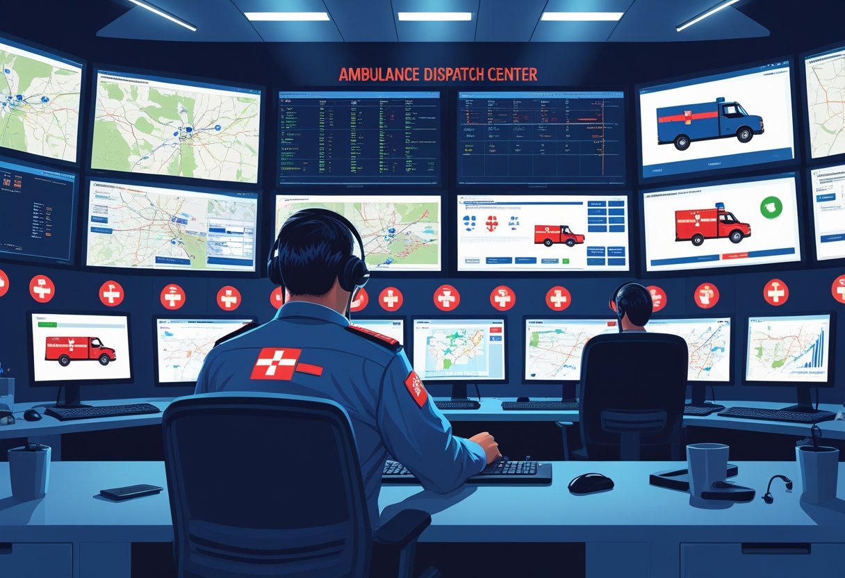 Sala de controle de emergência com despachante atendendo chamadas e coordenando ambulâncias através de computadores e mapas.