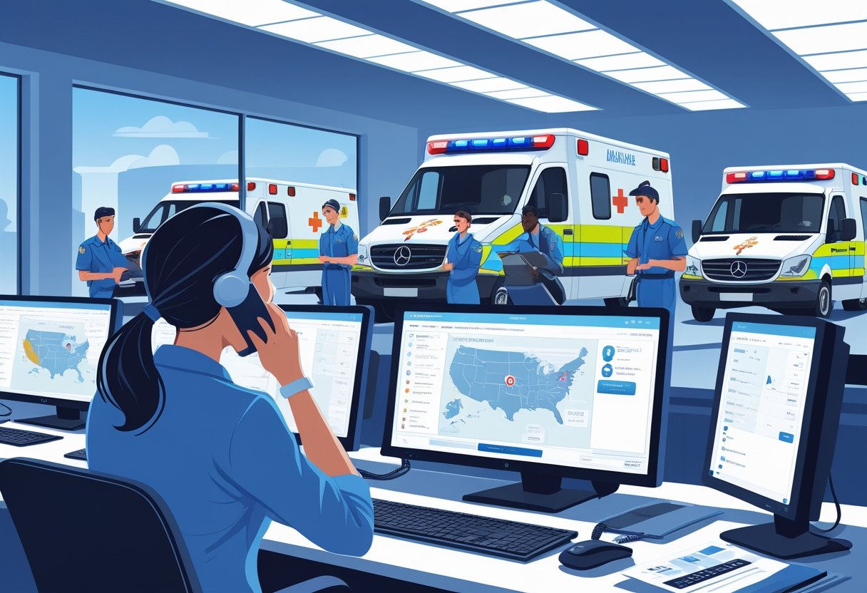 Pessoa fazendo uma ligação para a central de ambulância, operadores atendendo chamadas em um centro de emergência, e ambulâncias prontas para sair.