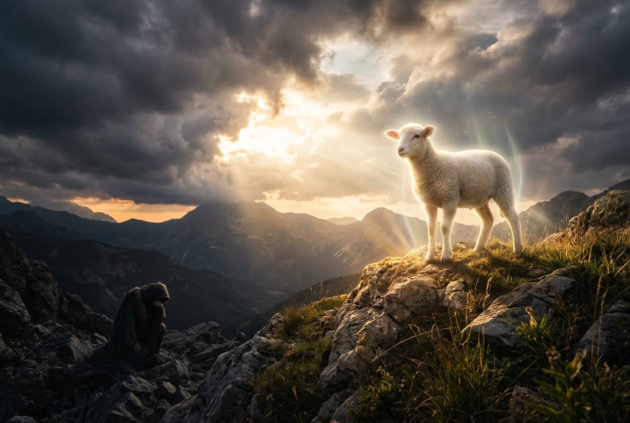 A glowing lamb standing on a rocky hill with light shining down, while a shadowy figure kneels in the background under a dramatic sky.