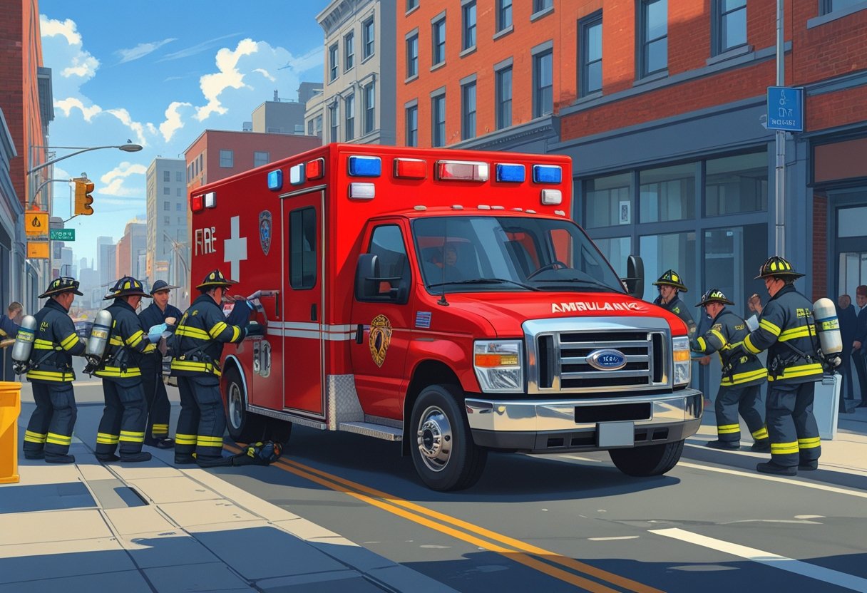 Cena de emergência com uma ambulância do corpo de bombeiros vermelha estacionada na rua e bombeiros ajudando pessoas ao redor.