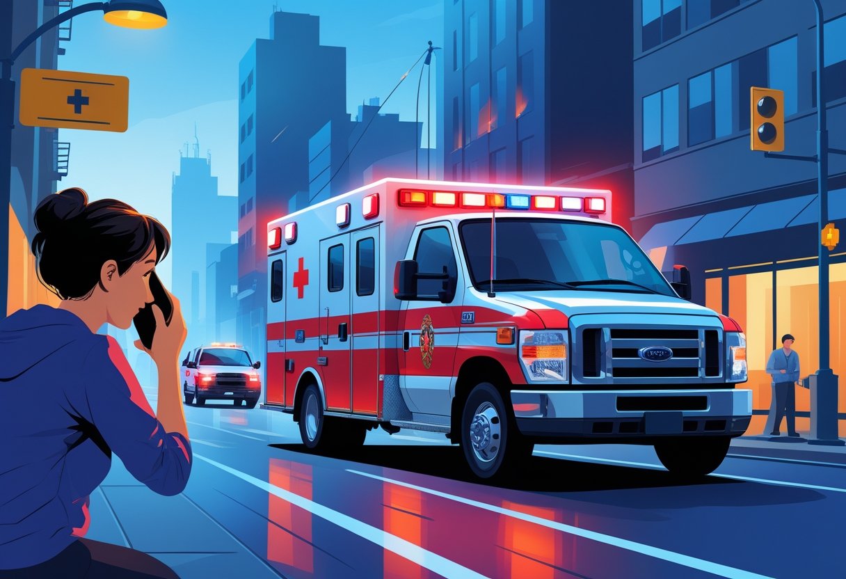 Uma ambulância do corpo de bombeiros com luzes piscando em uma rua da cidade, enquanto uma pessoa preocupada usa o telefone para pedir socorro.