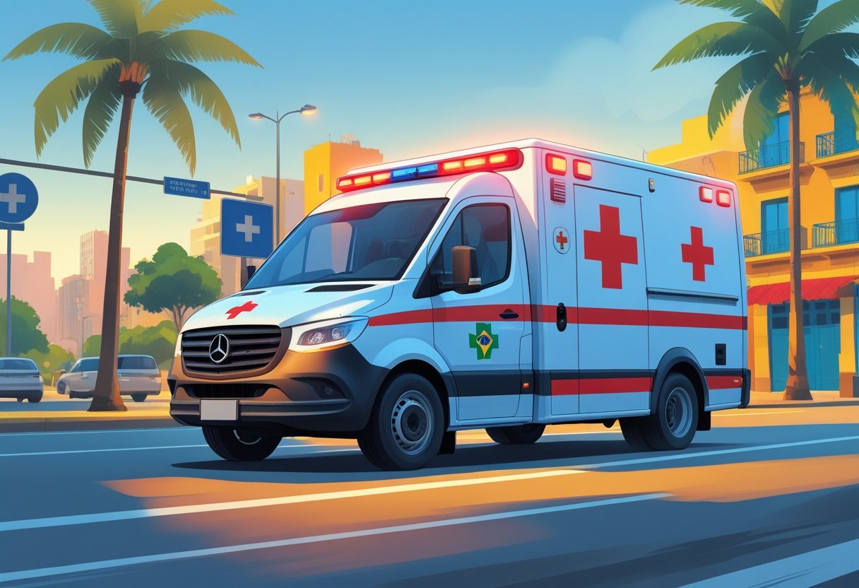 Uma ambulância brasileira em movimento em uma rua da cidade com árvores e prédios ao fundo.