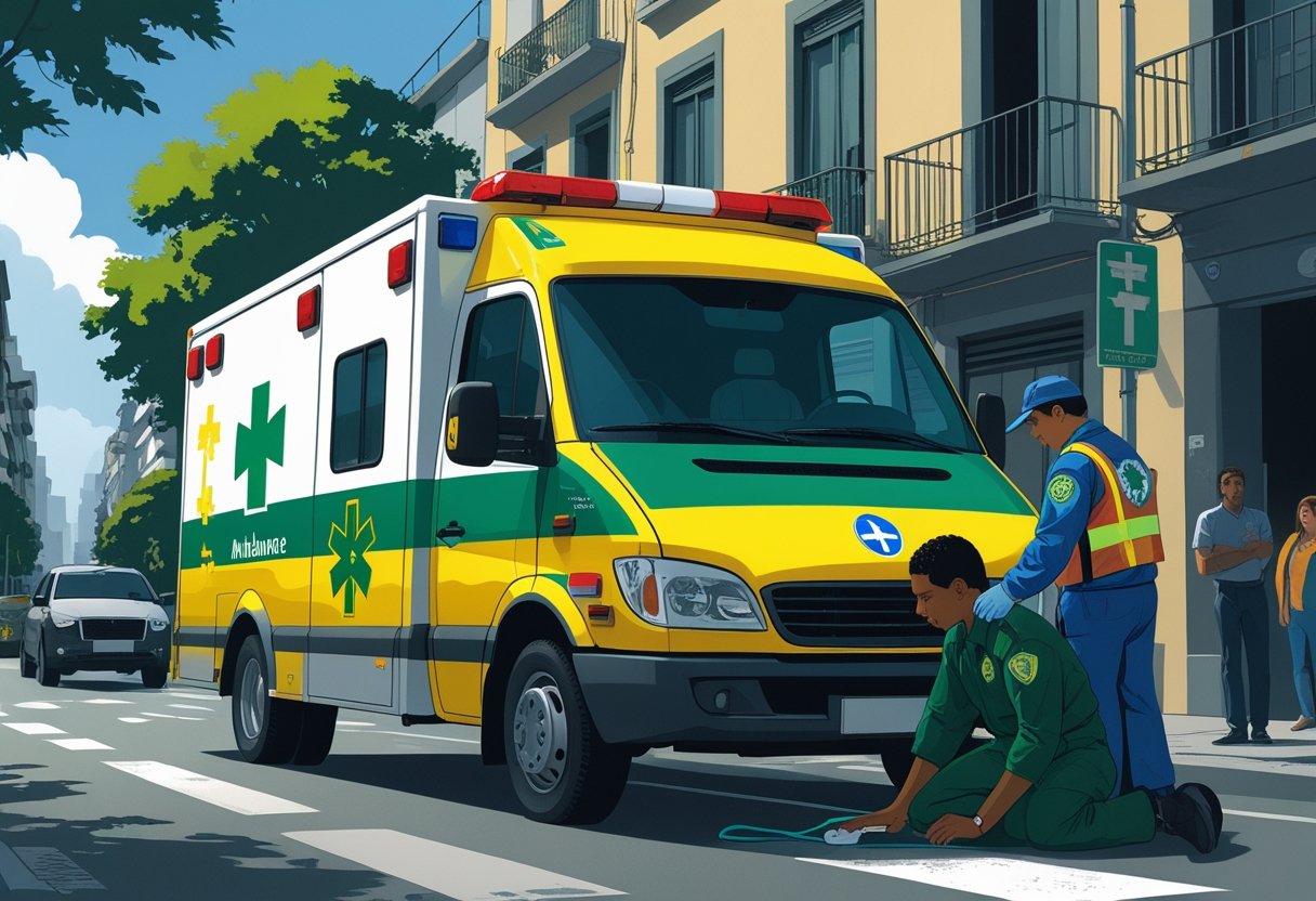 Ambulância brasileira estacionada em uma rua da cidade, com um paramédico atendendo uma pessoa em situação de emergência.