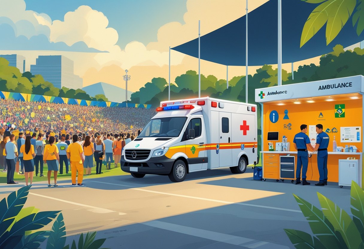 Cena de um grande evento ao ar livre no Brasil com uma ambulância estacionada próxima e paramédicos em uma estação médica, mostrando medidas de segurança e organização.
