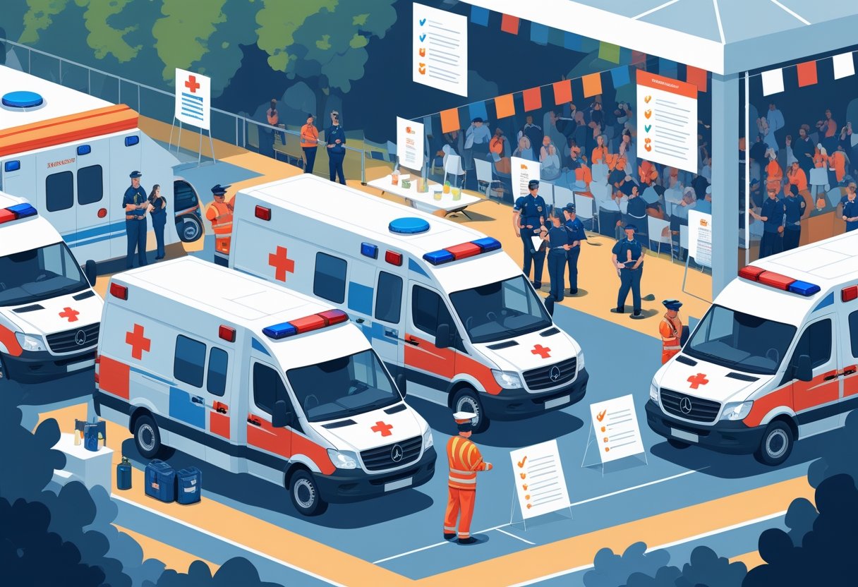 Ambulâncias estacionadas ao redor de um evento ao ar livre com profissionais de saúde organizando equipamentos, enquanto pessoas participam do evento ao fundo.