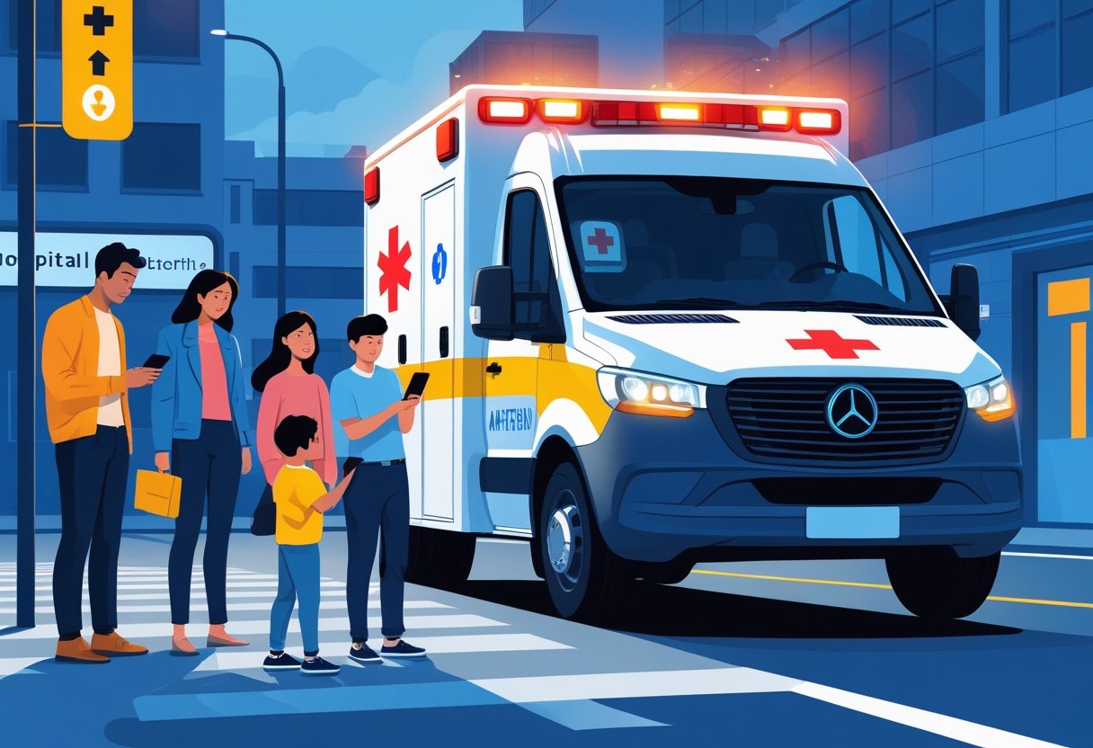 Uma ambulância com luzes piscando ao fundo e pessoas usando um smartphone para buscar o número da ambulância em uma rua da cidade.