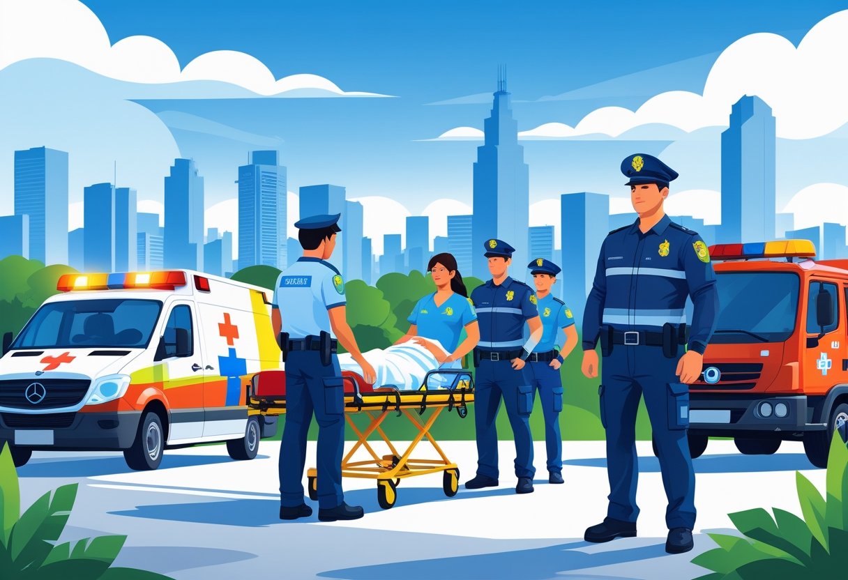 Profissionais de emergência no Brasil atendendo uma situação, com uma ambulância e um caminhão de bombeiros ao fundo em uma cidade brasileira.