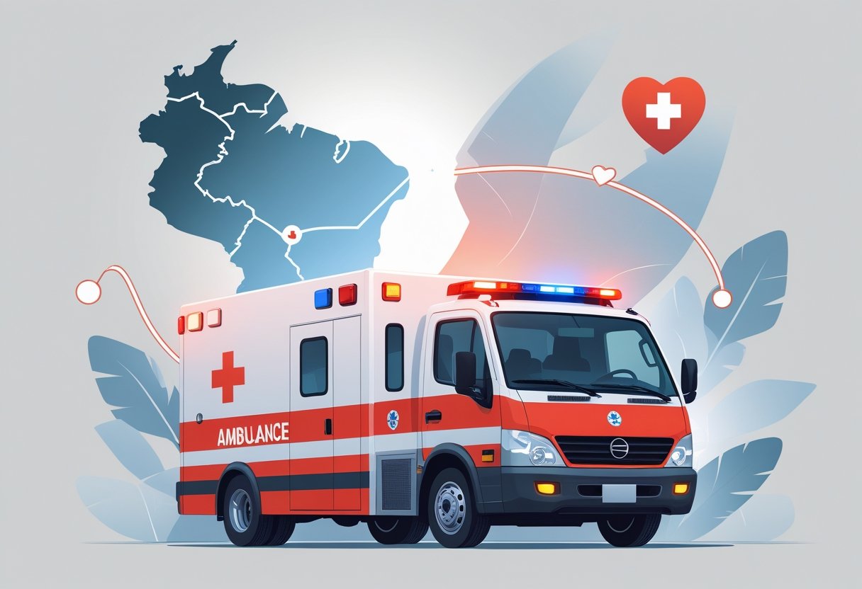 Ambulância brasileira em destaque com um mapa do Brasil ao fundo mostrando áreas de cobertura de emergência.