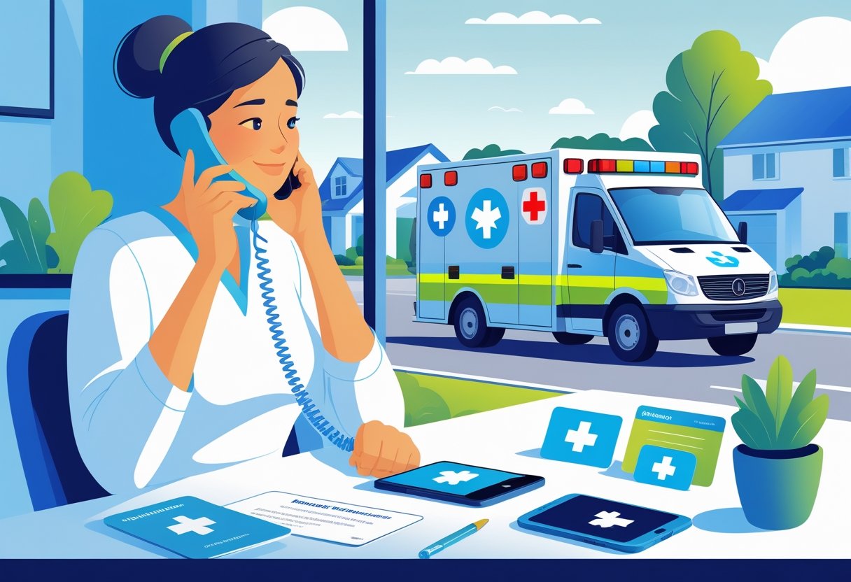 Pessoa fazendo uma ligação para solicitar ambulância pelo convênio médico, com uma ambulância chegando ao fundo.