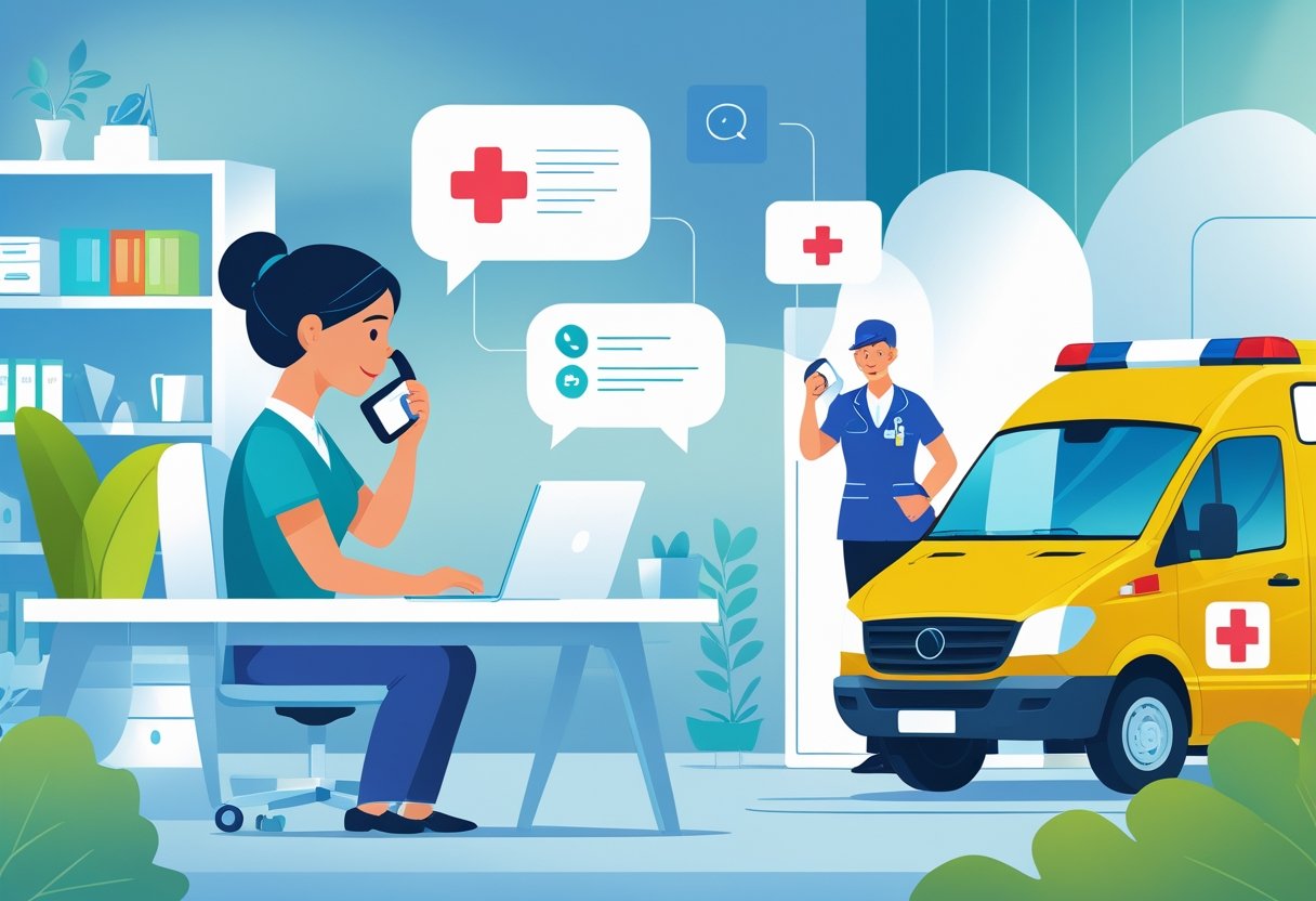 Como Pedir Ambulância Pelo Convênio: Guia Completo Para Acionar o Serviço de Emergência do Seu Plano de Saúde Pessoa fazendo uma ligação para solicitar ambulância pelo convênio, com profissional de saúde atendendo e ambulância ao fundo pronta para sair.