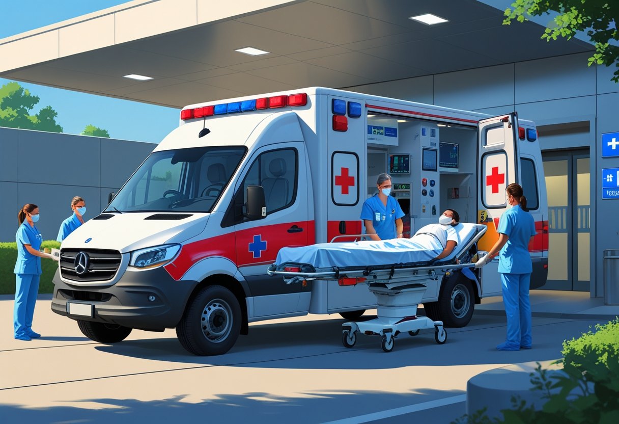 Ambulância UTI Móvel Valor: Guia Completo de Custos e Serviços em 2026 Ambulância UTI móvel estacionada em frente a um hospital, com profissionais de saúde atendendo um paciente em uma maca sendo carregada para dentro da ambulância.