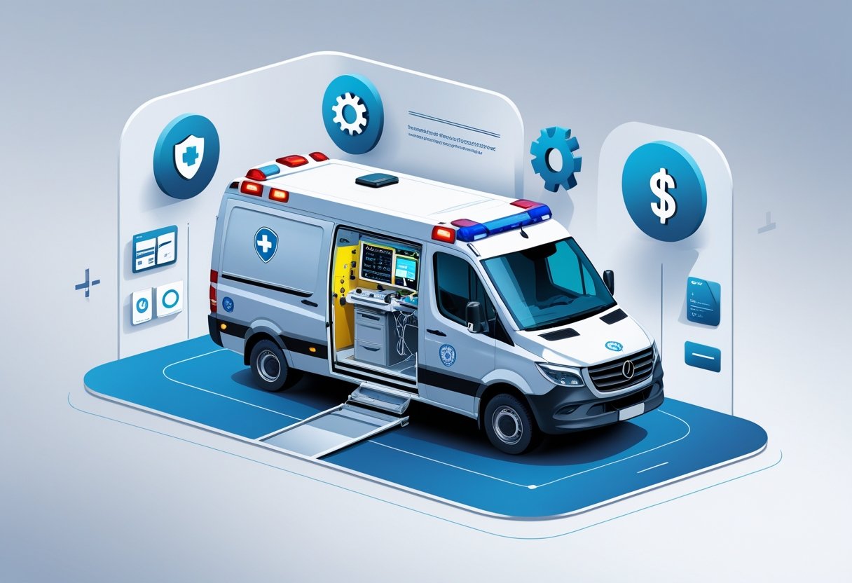 Ambulância UTI Móvel Valor: Guia Completo de Custos e Serviços em 2026 Uma ambulância UTI móvel moderna cercada por ícones que representam segurança, tecnologia, tempo de resposta e custo.