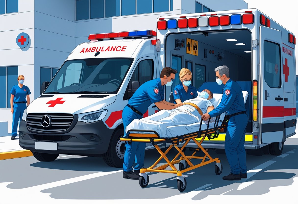 Uma ambulância moderna estacionada na frente de um hospital, com paramédicos auxiliando um paciente em uma maca para dentro do veículo.