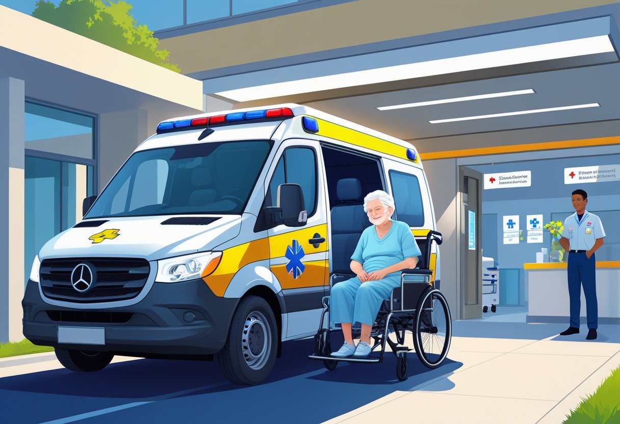 Ambulância estacionada em frente a um hospital, com um paramédico ajudando um paciente idoso sentado, transmitindo cuidado e segurança.