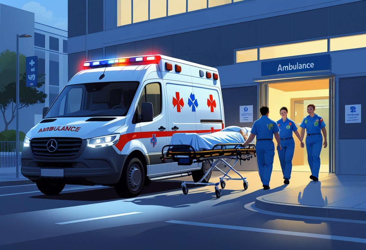 Uma ambulância estacionada próxima à entrada de um hospital, com paramédicos ajudando um paciente em uma maca a embarcar no veículo.