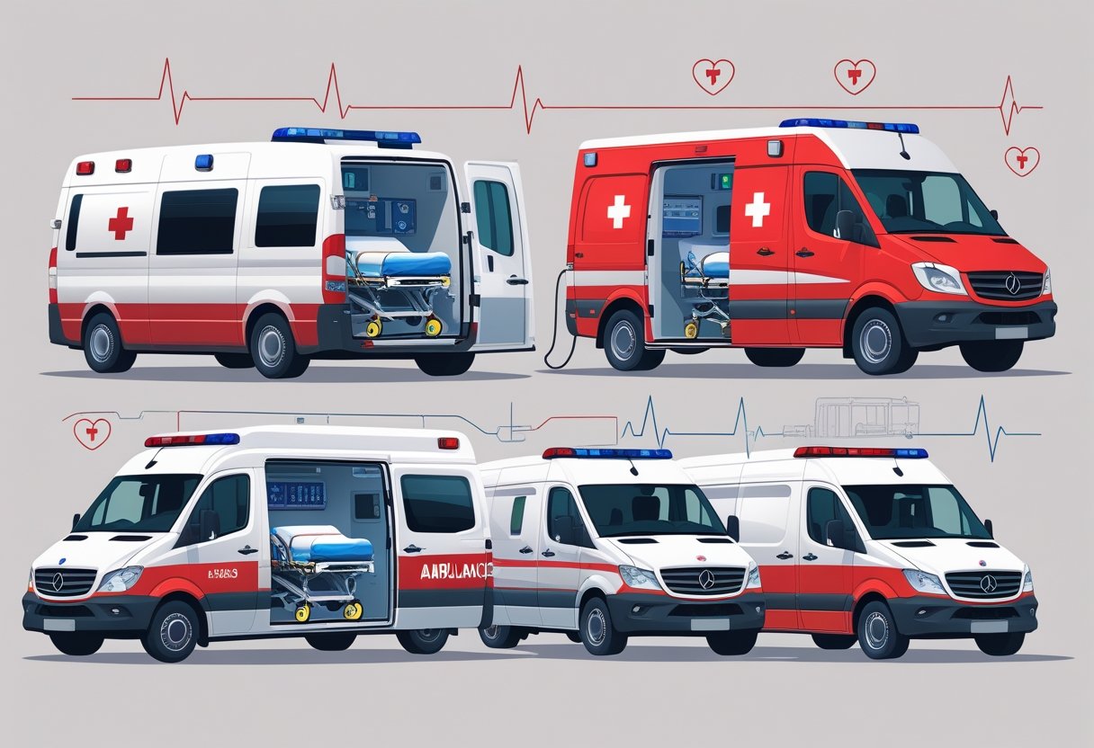 Várias ambulâncias de diferentes tipos usadas para transporte médico, exibidas em um fundo neutro.