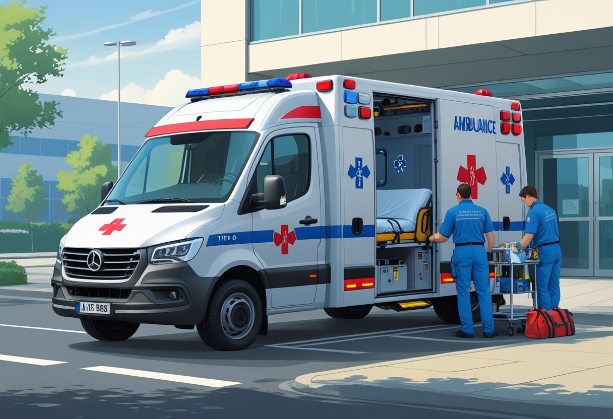Uma ambulância Tipo B branca com marcações vermelhas e azuis estacionada em frente a um hospital, com paramédicos preparando equipamentos médicos ao lado da ambulância.