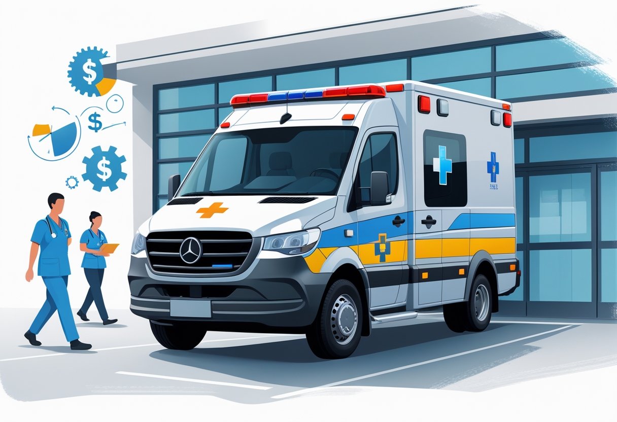 Ambulância tipo B estacionada na frente de um hospital com equipamentos médicos visíveis e profissionais de saúde ao redor.