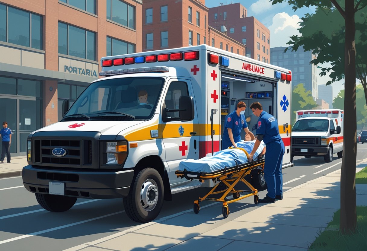 Ambulância Tipo B Portaria 2048: Requisitos Técnicos e Normas de Funcionamento Ambulância tipo B estacionada em uma rua urbana com paramédicos atendendo um paciente em uma maca, preparando para transporte até o hospital.