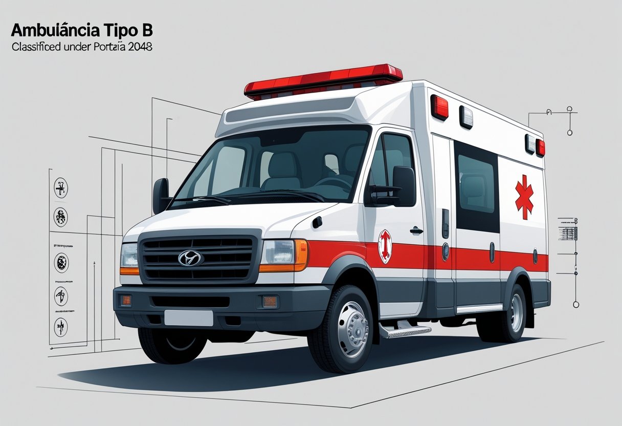 Ambulância Tipo B Portaria 2048: Requisitos Técnicos e Normas de Funcionamento Ilustração de uma ambulância tipo B com faixa vermelha, luzes de emergência no teto, vista em ângulo frontal, em fundo neutro.
