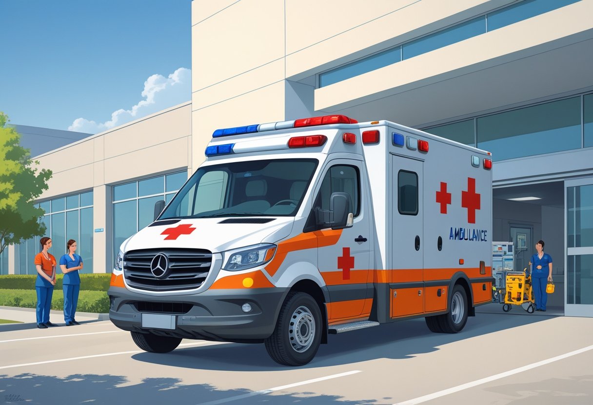 Uma ambulância tipo estacionada na entrada de um hospital, com símbolos médicos visíveis e equipe médica ao redor.