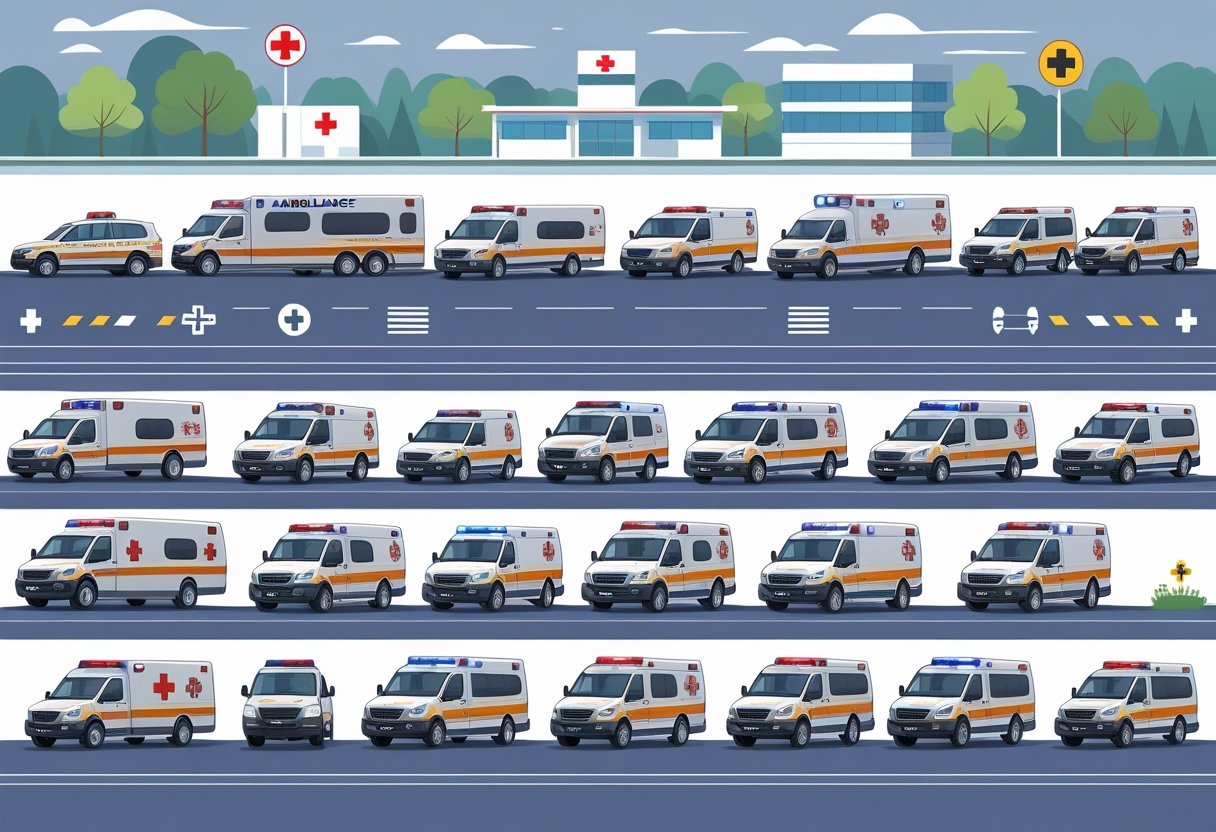 Vários tipos de ambulâncias alinhadas lado a lado com um hospital ao fundo e símbolos médicos visíveis.