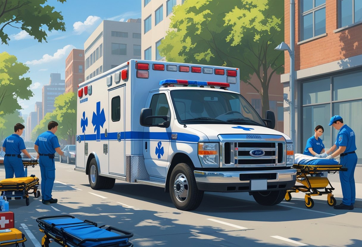 Uma ambulância de suporte básico estacionada na rua com paramédicos preparando equipamentos médicos ao redor.