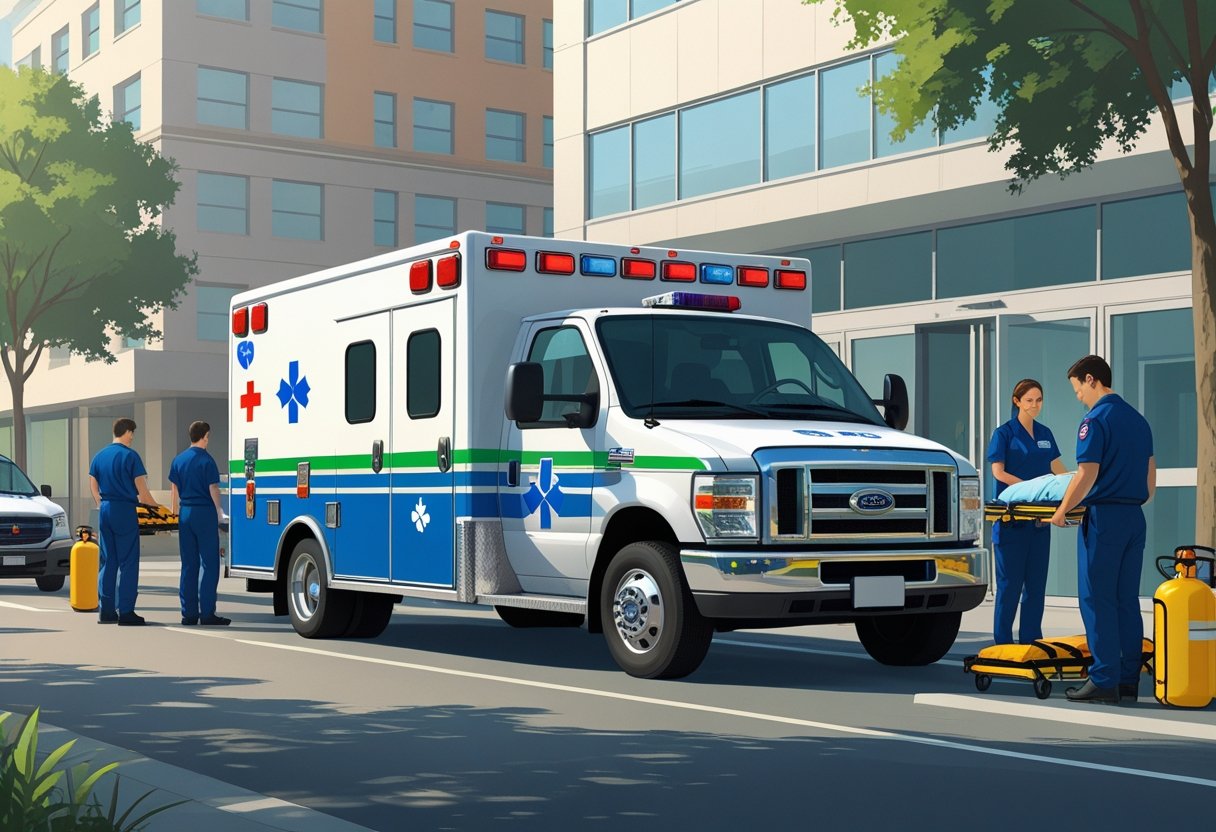 Uma ambulância de suporte básico estacionada em uma rua da cidade com paramédicos preparando equipamentos médicos próximos a uma entrada de hospital.