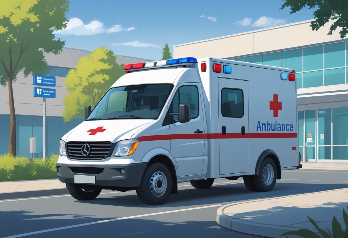 Uma ambulância simples Tipo A branca estacionada em frente a um hospital, pronta para transporte de pacientes.