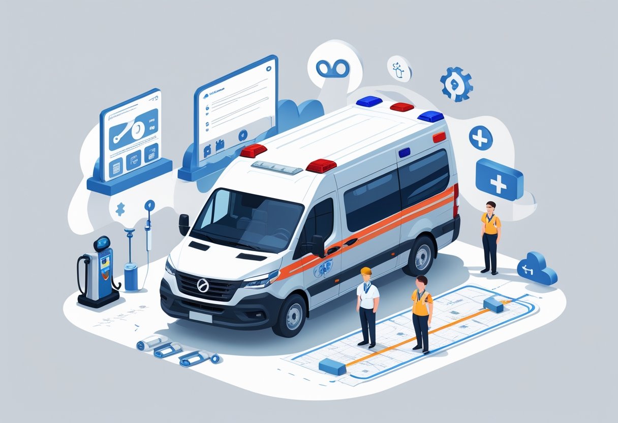 Uma ambulância tipo A simples estacionada com ícones ao redor representando fatores que influenciam seu preço, como combustível, manutenção, equipamentos médicos, salários da equipe e distância percorrida.