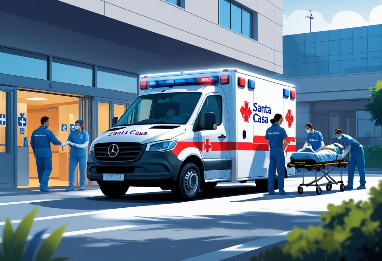 Uma ambulância Santa Casa estacionada em frente a um hospital, com profissionais de saúde atendendo um paciente em uma maca.