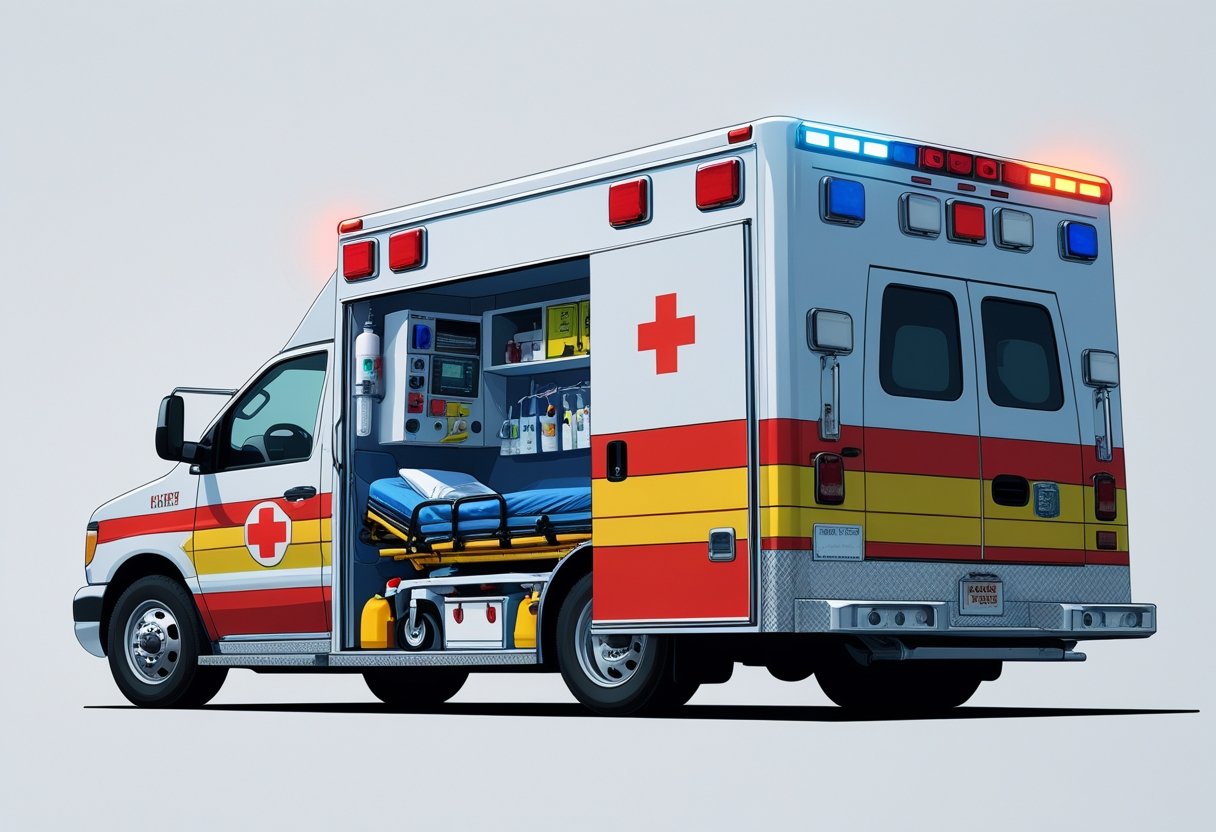 Ilustração detalhada de uma ambulância da Santa Casa mostrando o interior com equipamentos médicos e a estrutura do veículo.