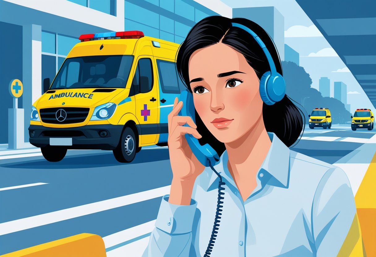 Pessoa fazendo uma ligação para a ambulância enquanto um veículo de emergência chega ao local em um ambiente urbano.