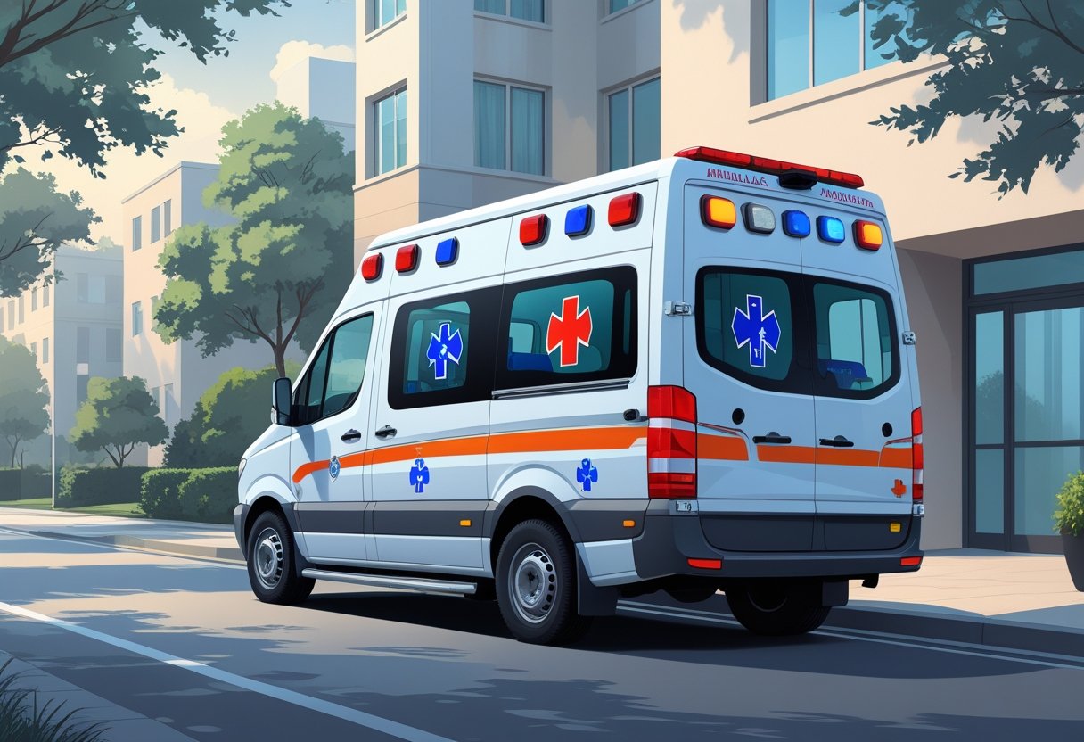 Uma ambulância moderna para transporte particular estacionada perto de um prédio residencial, com equipamentos médicos visíveis e ambiente urbano ao fundo.