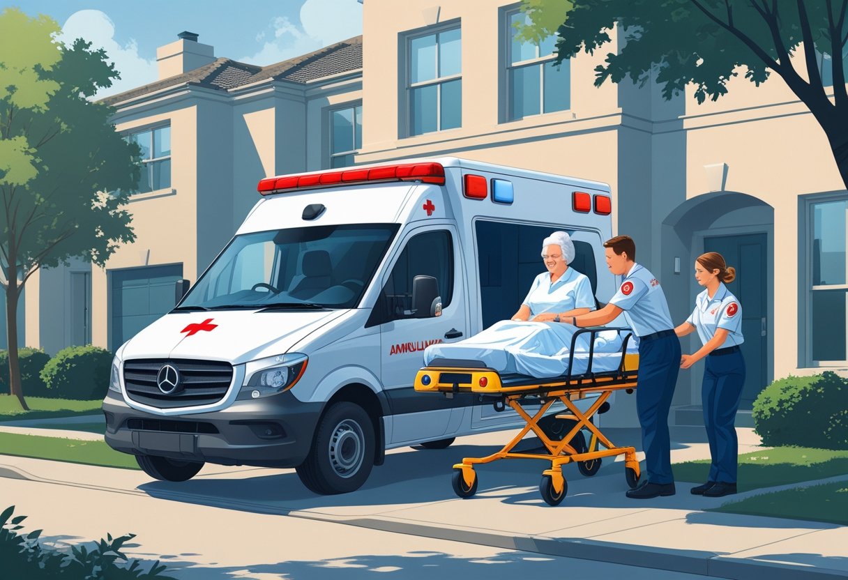Ambulância particular estacionada com paramédicos ajudando um paciente idoso em uma maca em frente a um prédio residencial.