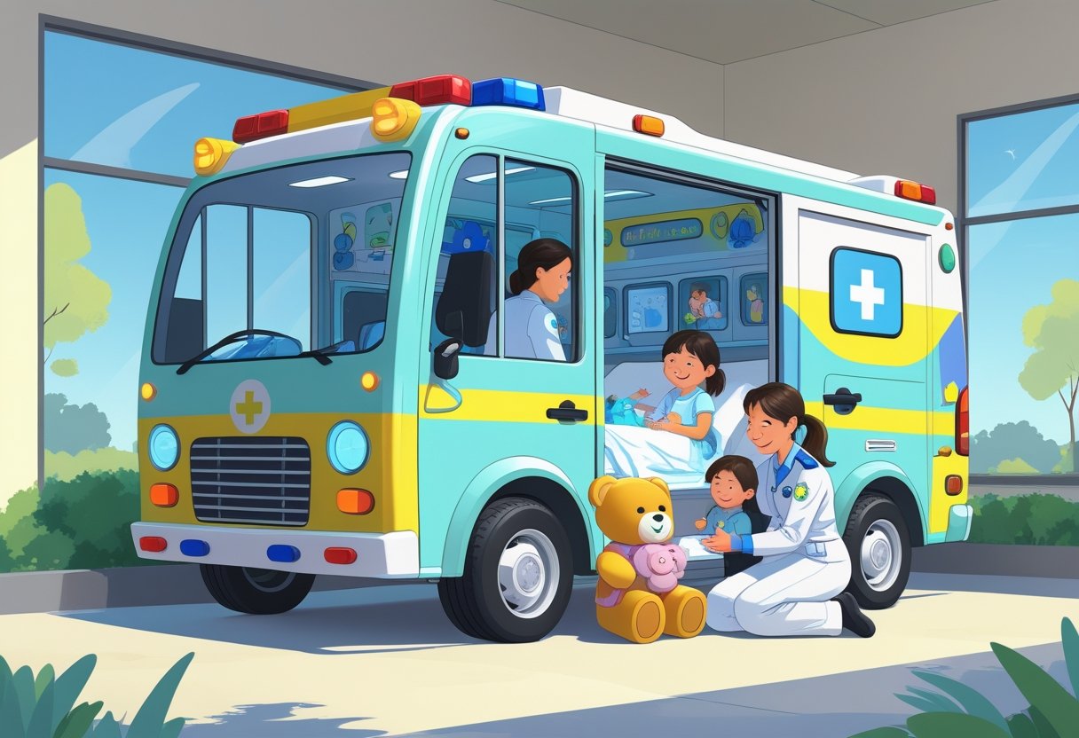 Ambulância para Criança: Cuidados no Transporte Pediátrico Ambulância colorida para crianças com equipe médica atendendo uma criança sorridente, em um ambiente hospitalar seguro e acolhedor.