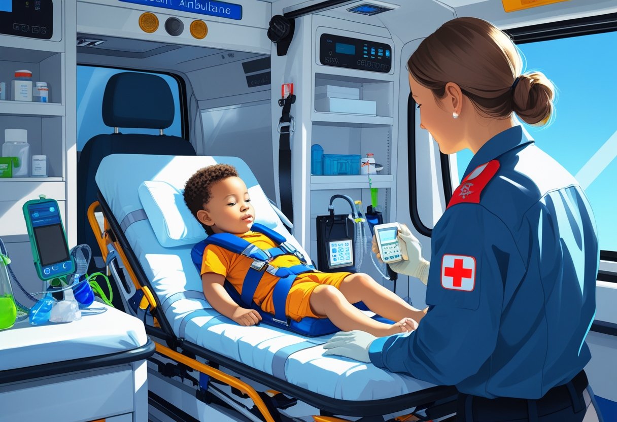 Ambulância para Criança: Cuidados no Transporte Pediátrico Criança segura em uma maca pediátrica dentro de uma ambulância, com um paramédico atento monitorando seus sinais vitais.