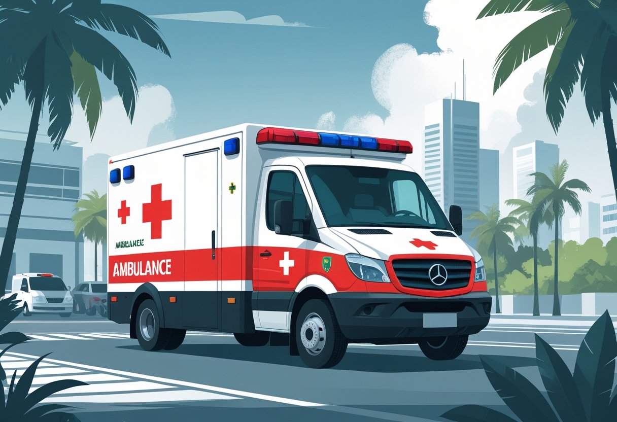 Uma ambulância brasileira com paramédico em comunicação em uma cena urbana durante o dia.