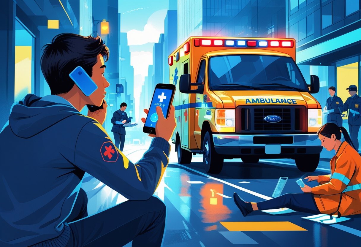 Pessoa ligando para a ambulância em uma situação de emergência, com ambulância se aproximando e paramédico preparado para ajudar.