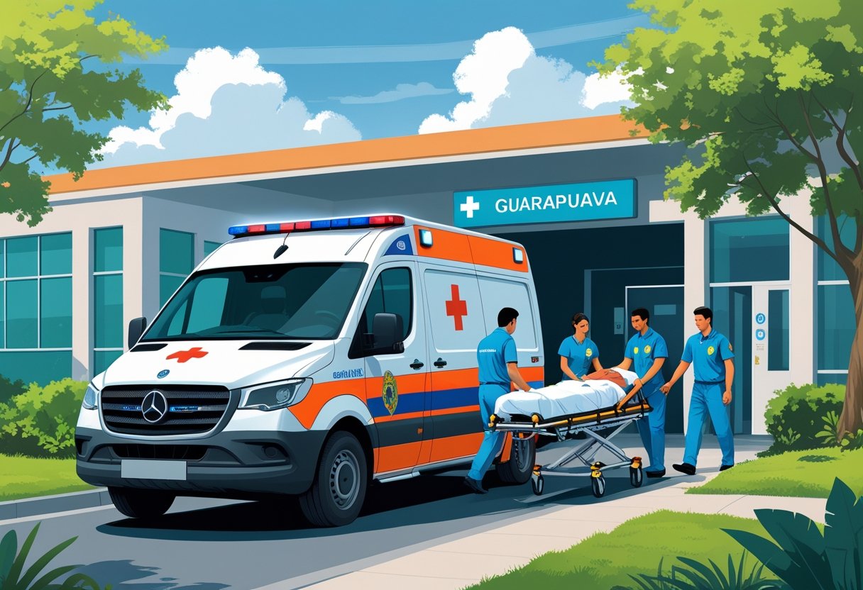 Uma ambulância estacionada próxima a um hospital, com paramédicos ajudando um paciente em uma maca, ao fundo árvores e edifícios típicos de Guarapuava.